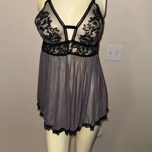 - FASCINATIONS Grey sheer Black Floral Lace Babydoll Chemise M/ cup size F